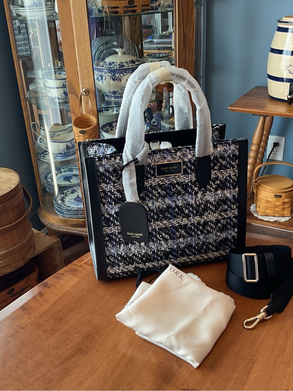 Kate Spade Black, White & Blue Manhattan Tweed Satchel Tote NWT